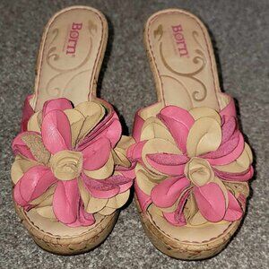 BORN Lovina Cork Platforms Wedges Sandals Pink Beige Floral Leather Women 6